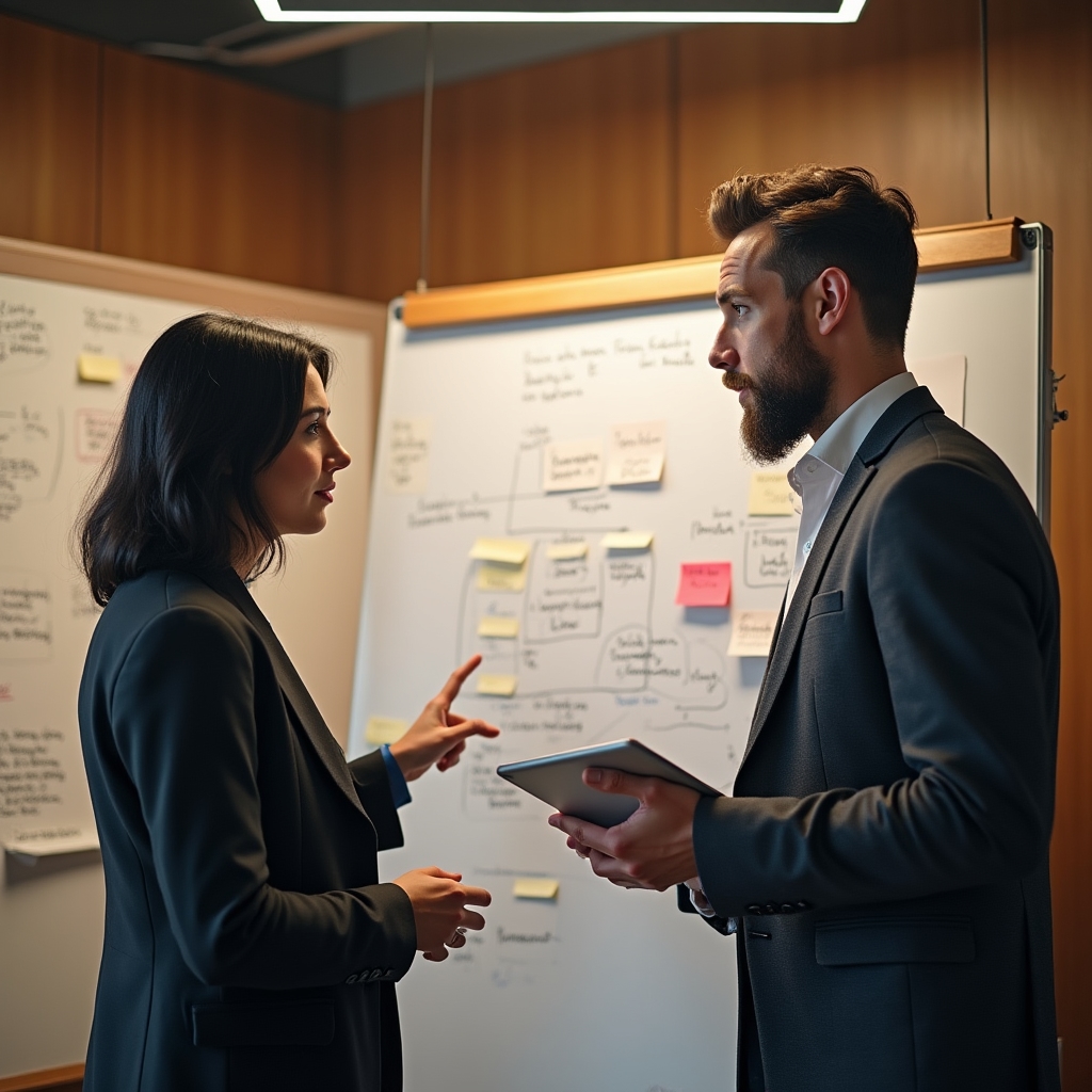 Dos personas revisando en una pizarra la estructura de un webinario