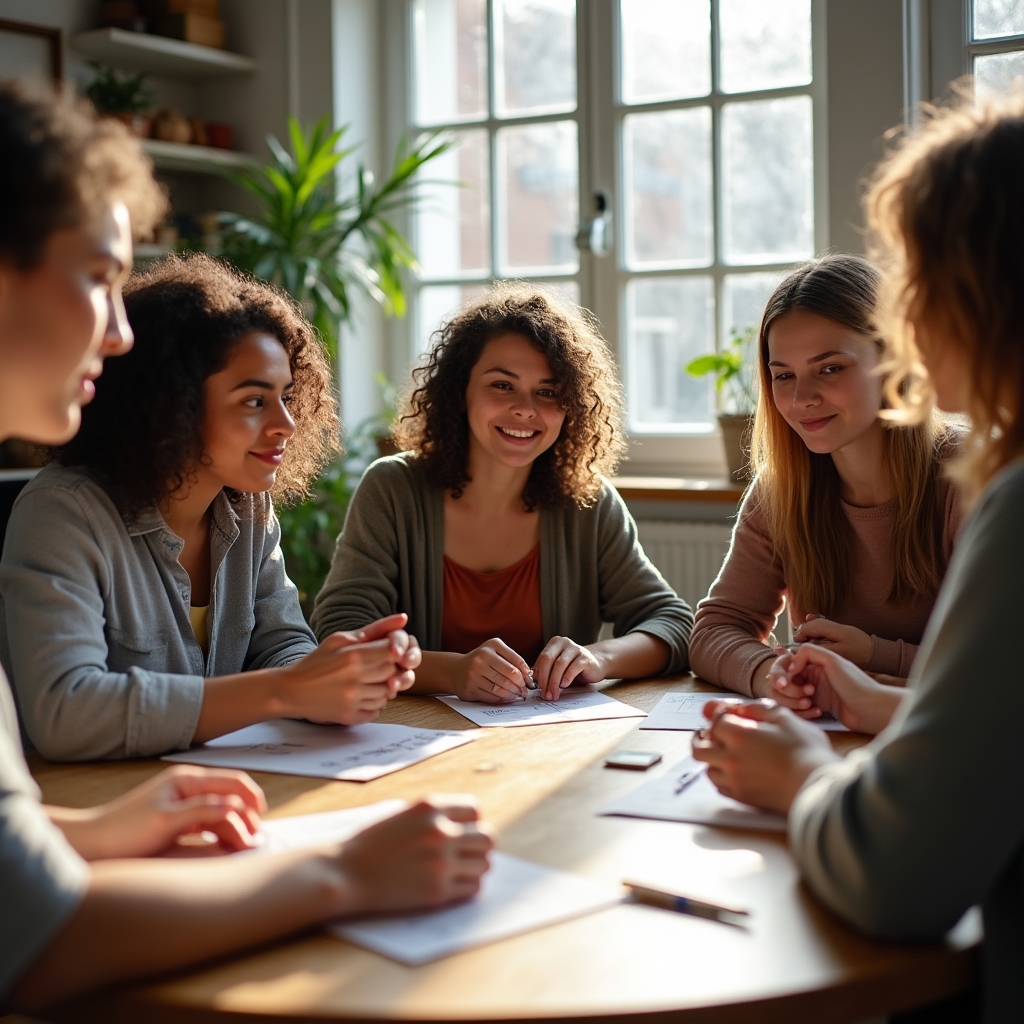 Grupo pequeño de personas participando en un taller práctico alrededor de una mesa